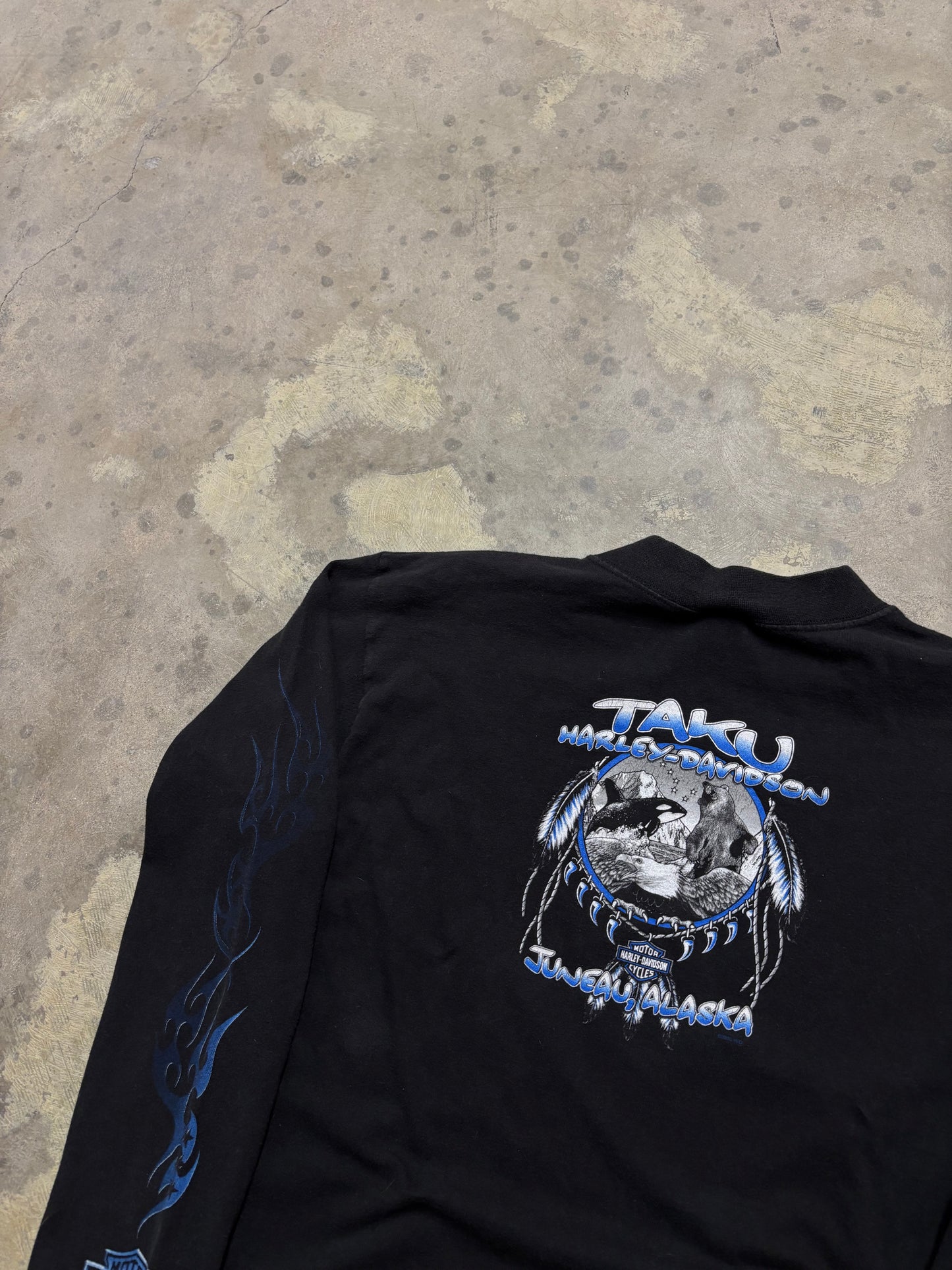 Y2K Woman’s Harley Davidson blue flame longsleeve shirt size large