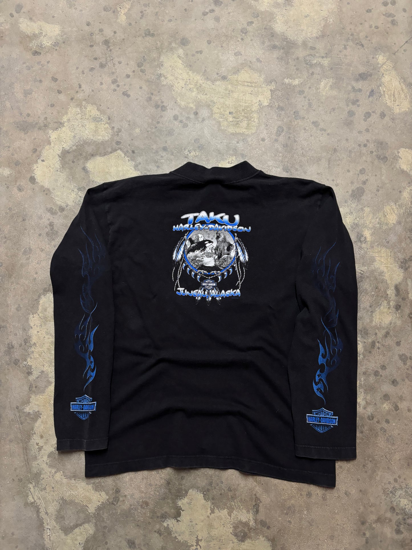 Y2K Woman’s Harley Davidson blue flame longsleeve shirt size large