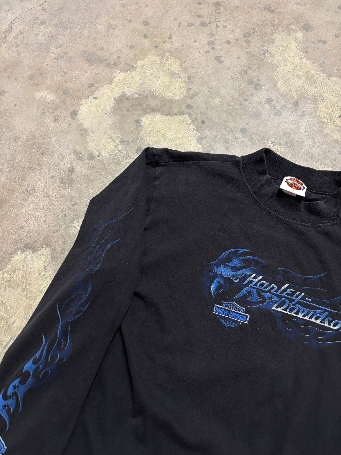 Y2K Woman’s Harley Davidson blue flame longsleeve shirt size large