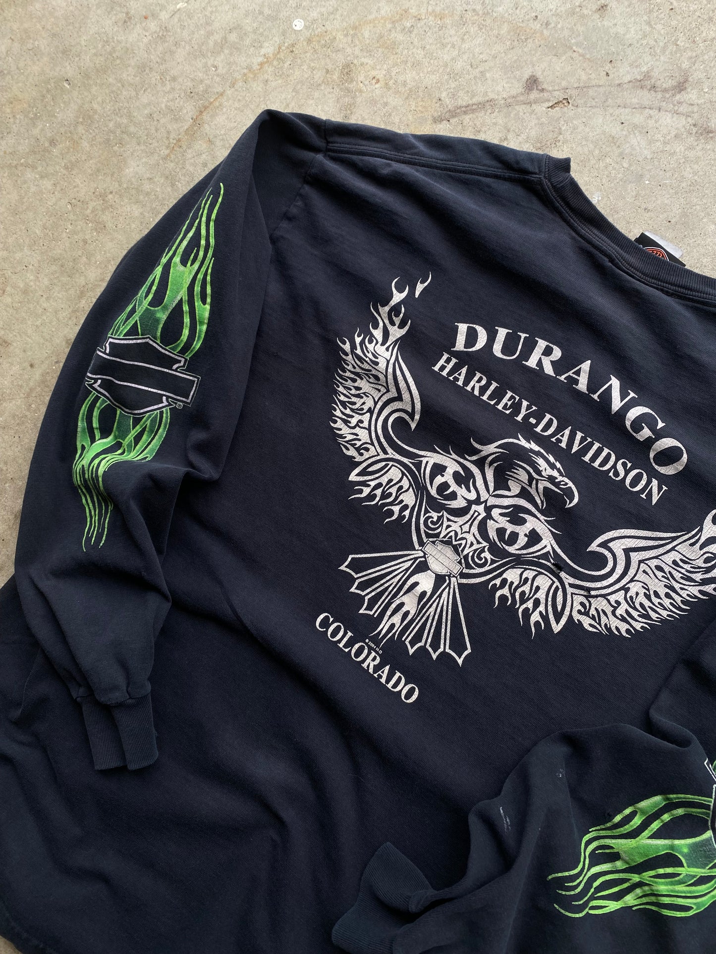 Harley Davidson Green Flame shirt thrashed size large