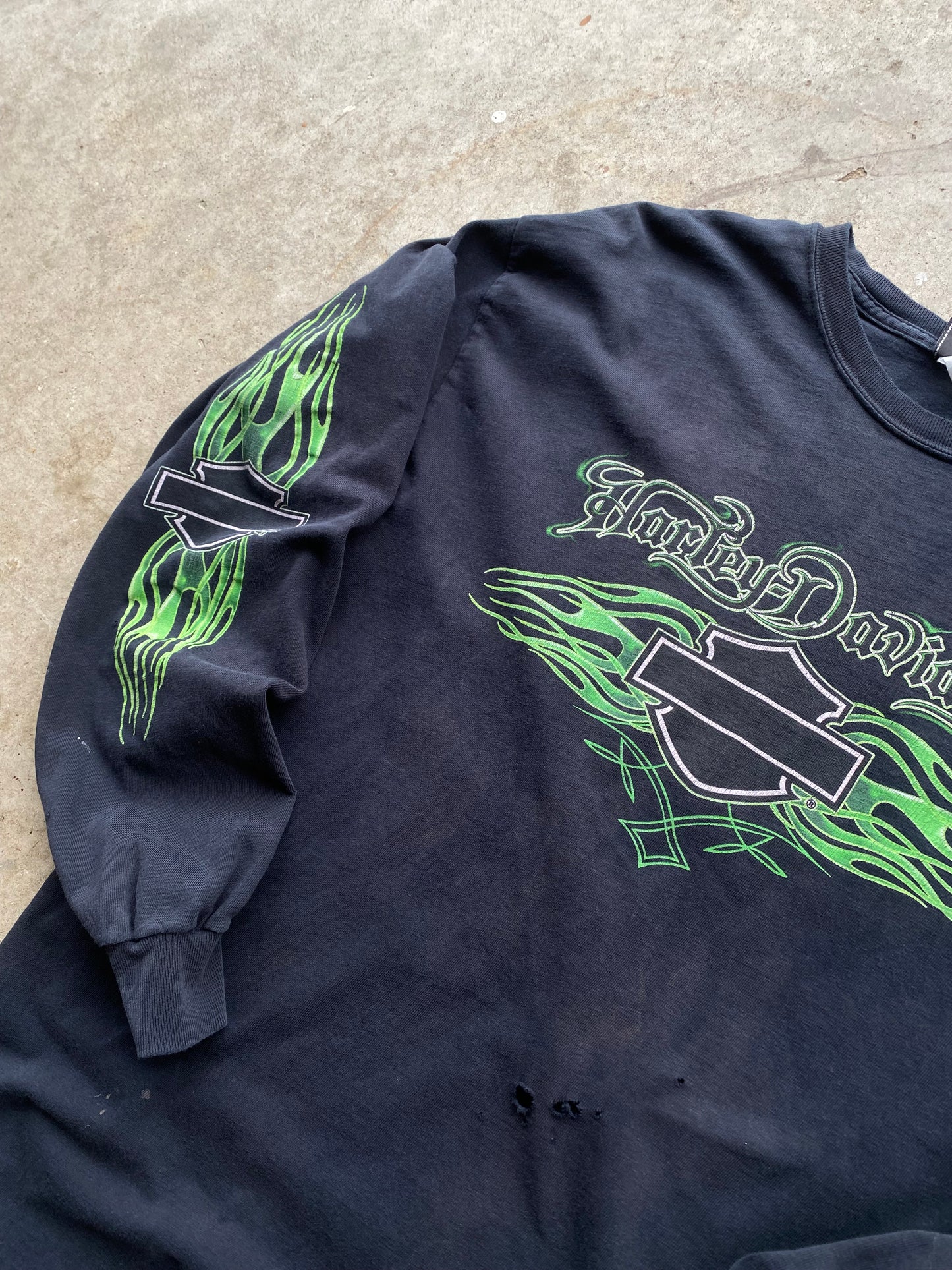 Harley Davidson Green Flame shirt thrashed size large