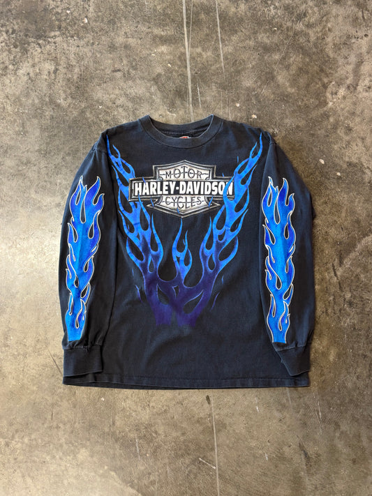 Vintage Harley Davidson V twin blue flame long sleeve size large