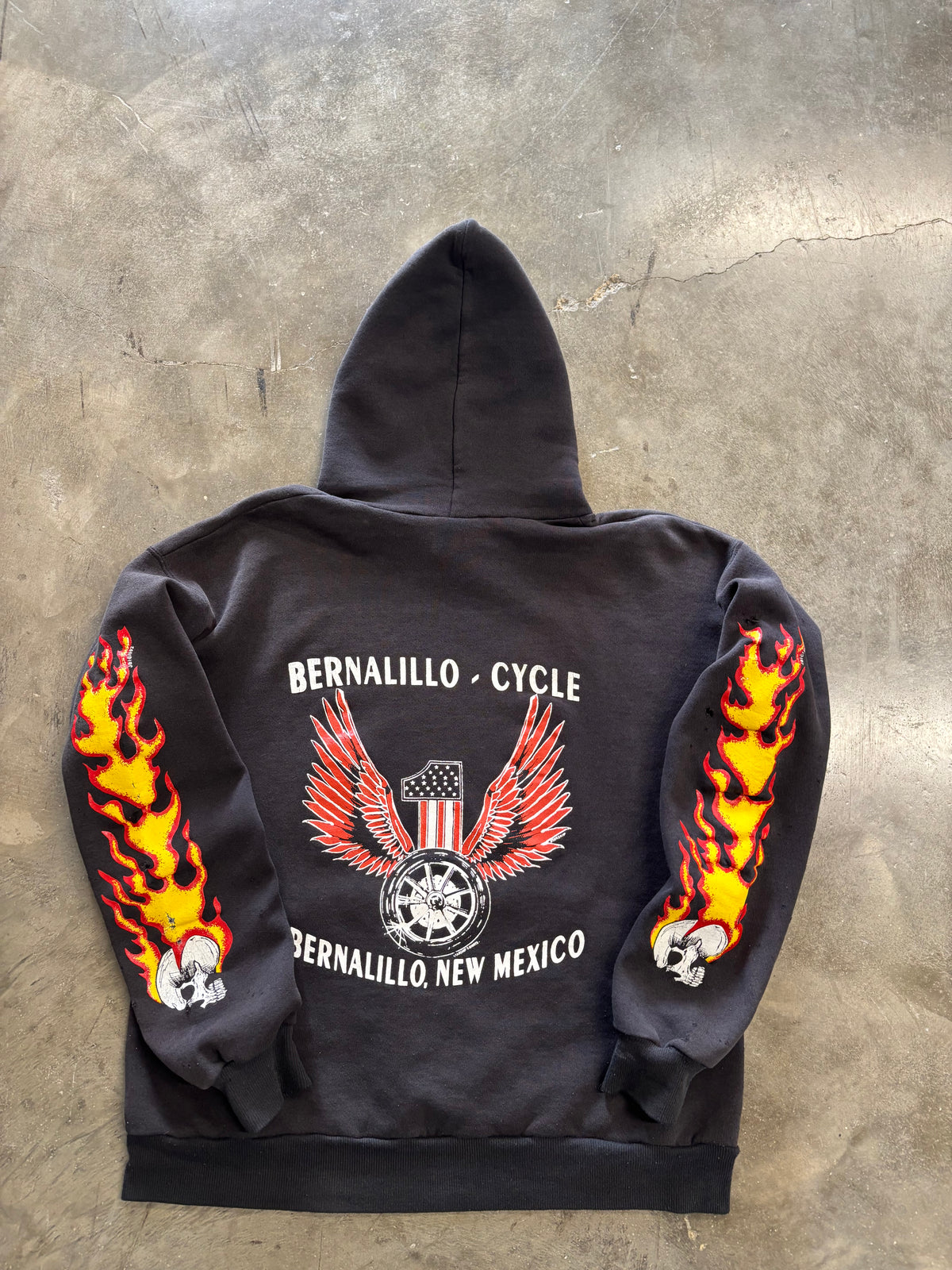 Vintage thrashed 90’s biker flame sleeve hoodie size large