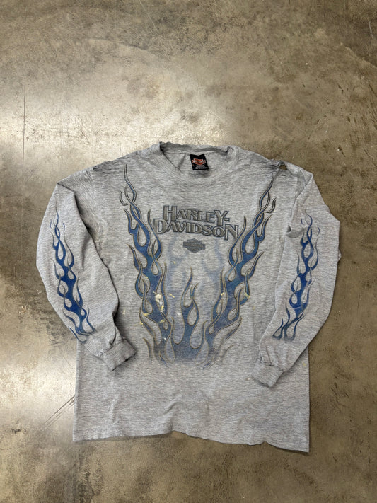 Vintage Harley Davidson thrashed v twin blue flame longsleeve size large