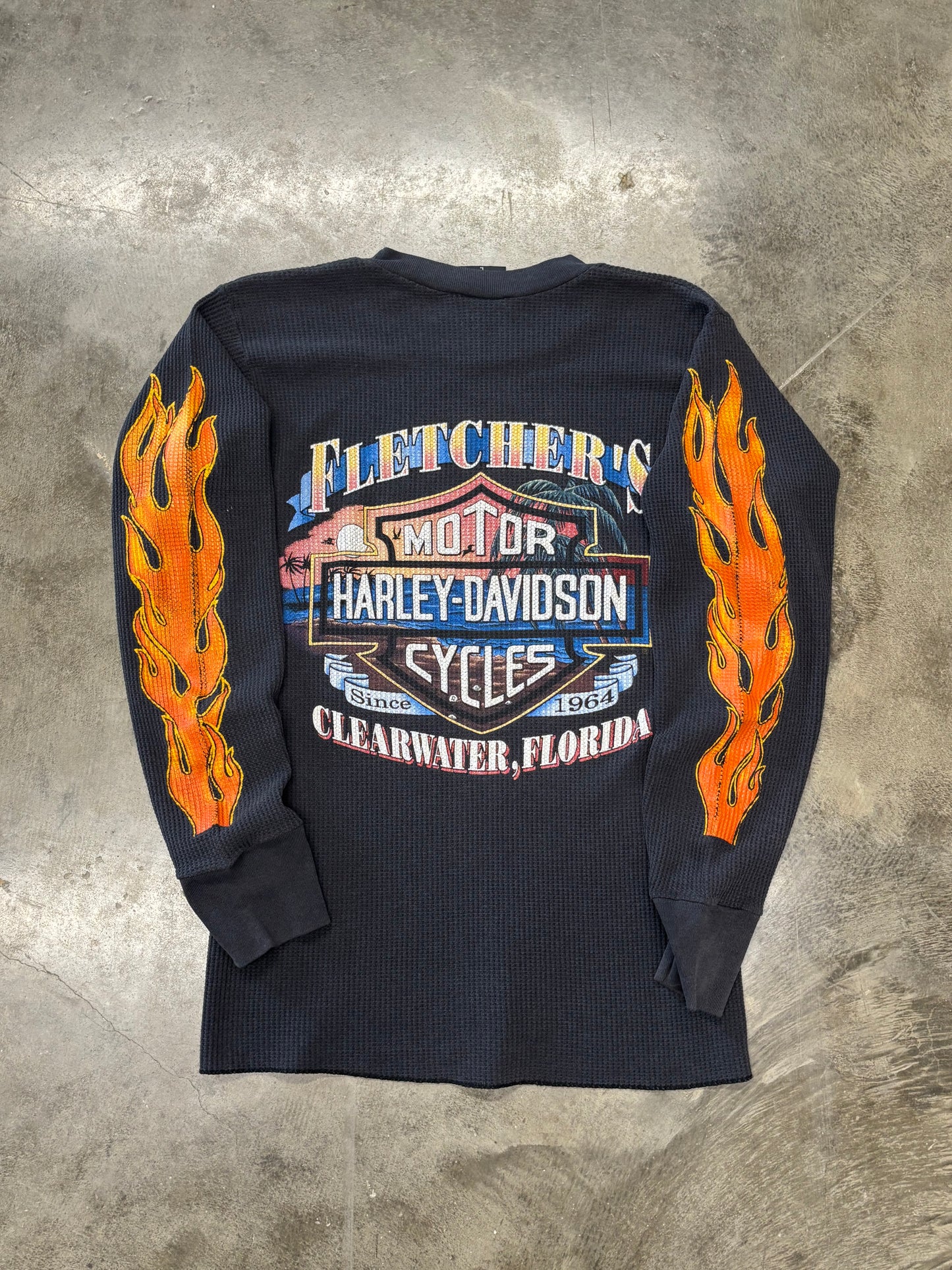 Vintage Harley Davidson Flame sleeve thermal size large