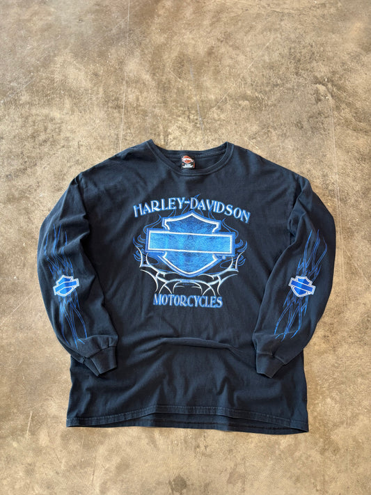 Vintage Harley Davidson Blue flame blue shield long sleeve size xl