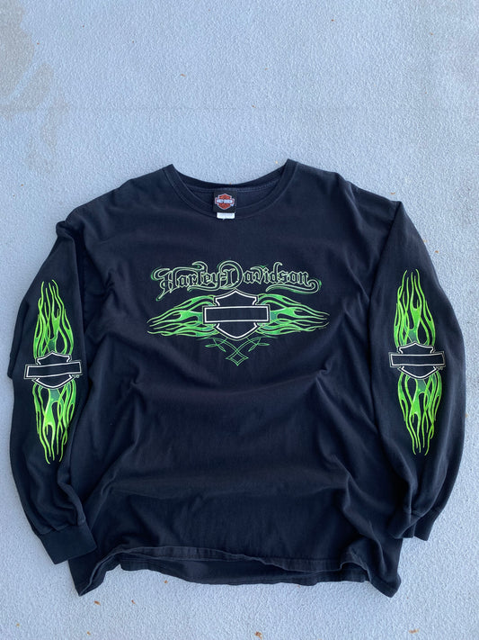 Harley Davidson Green Flame Size XL Long Sleeve