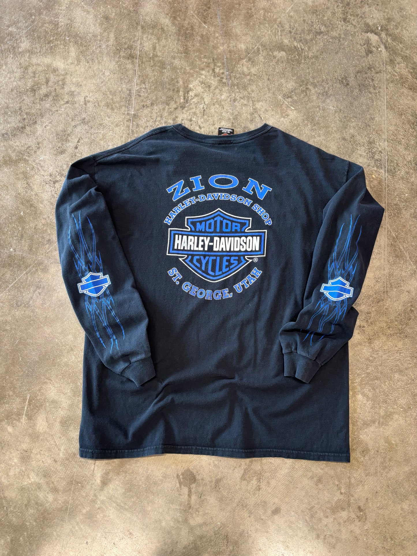 Vintage Harley Davidson Blue flame blue shield long sleeve size xl