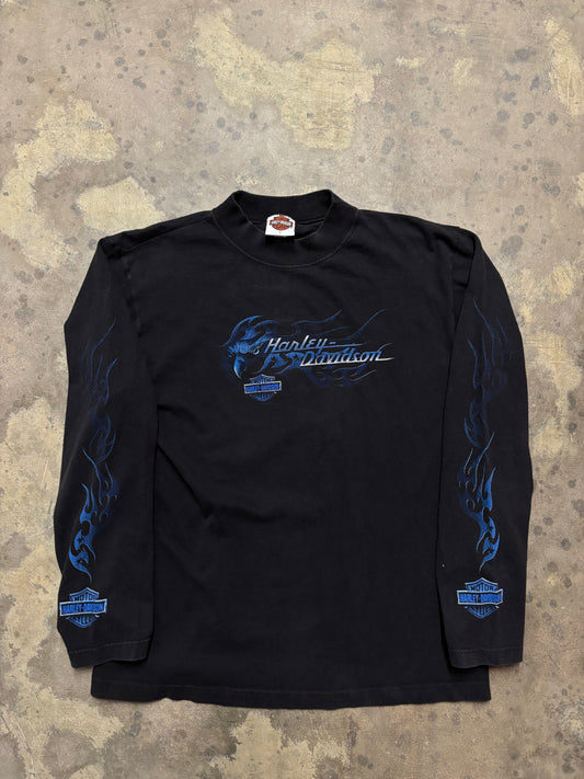Y2K Woman’s Harley Davidson blue flame longsleeve shirt size large
