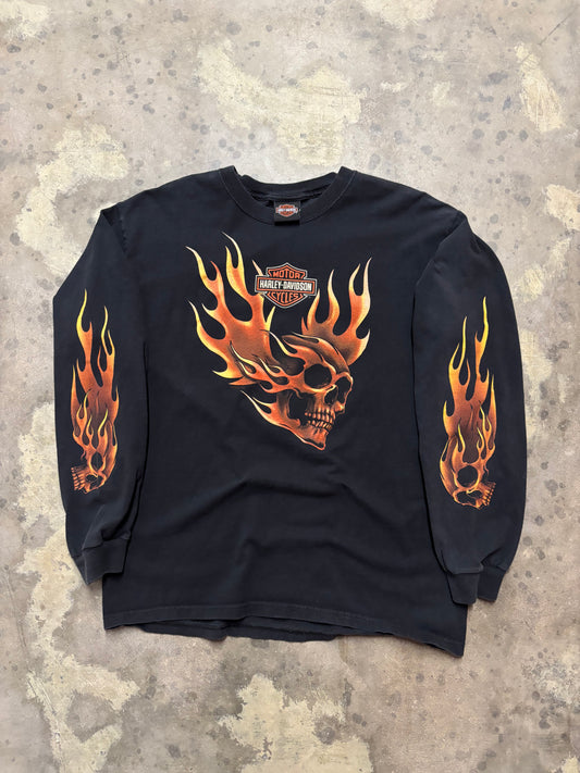 Vintage Harley Davidson Orange Skull flame long sleeve shirt size large