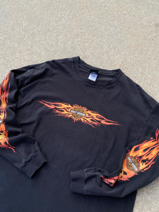 Vintage Harley Davidson Orange Flame Skull Long sleeve Size XL