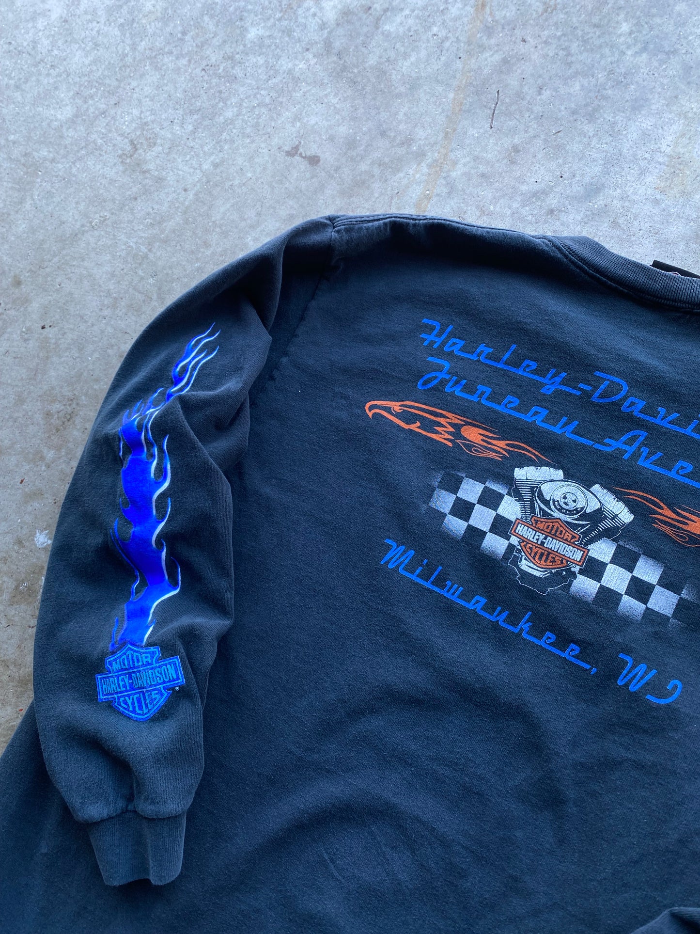 Vintage Harley Davidson Blue Flame Spellout size large