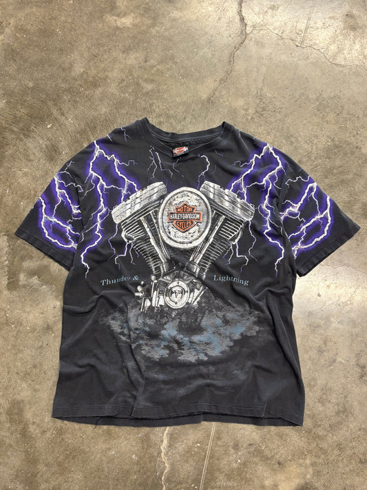 Vintage Thrashed Harley Davidson Purple Lightning engine shirt size xxl