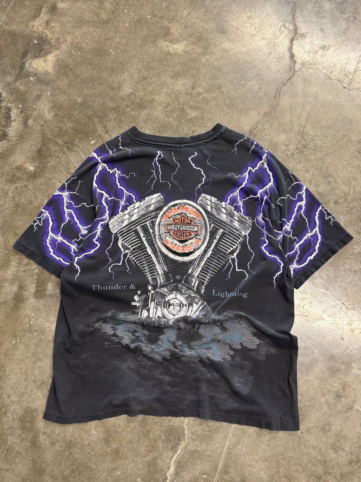 Vintage Thrashed Harley Davidson Purple Lightning engine shirt size xxl