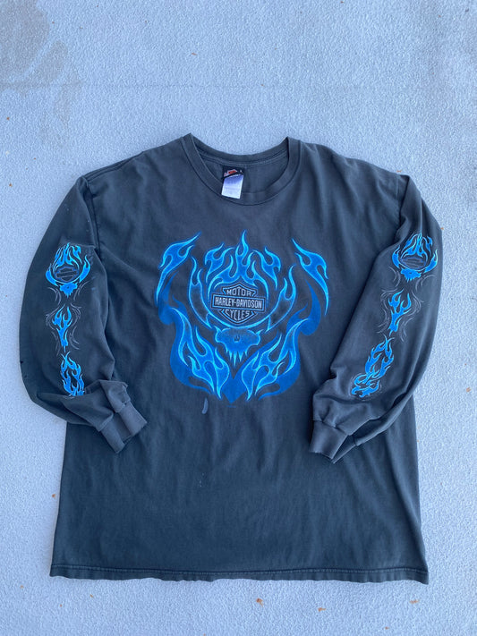 Vintage Harley Davidson Blue skull flame long sleeve size extra large
