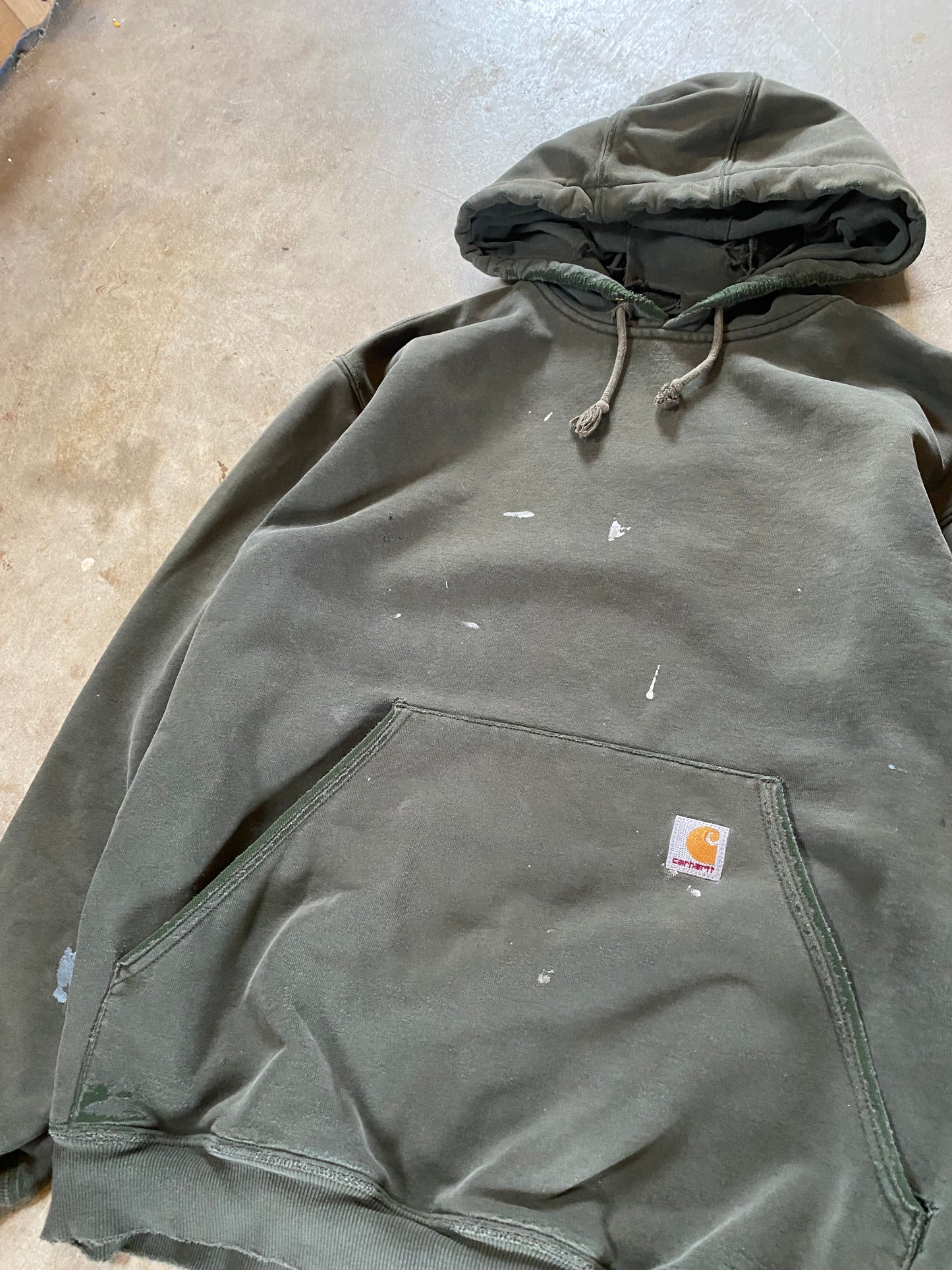 Vintage Earth Tone Distressed Paint Splattered Carhartt Hoodie Size Medium