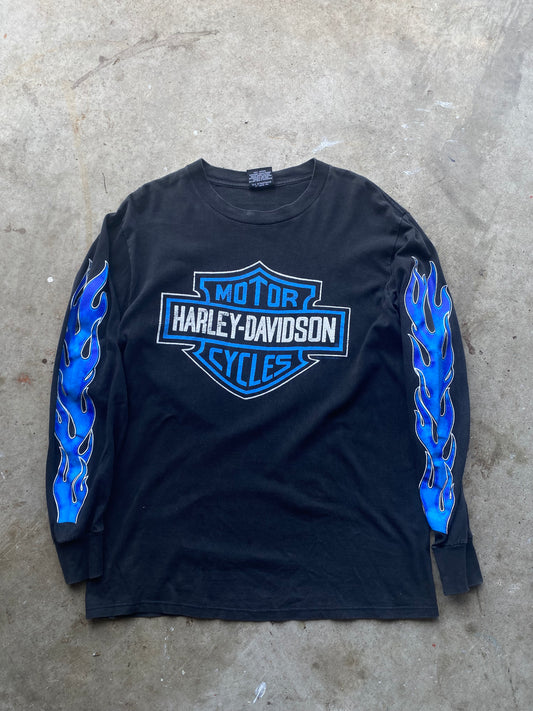Vintage Harley Davidson Blue Flame shield long sleeve shirt size large