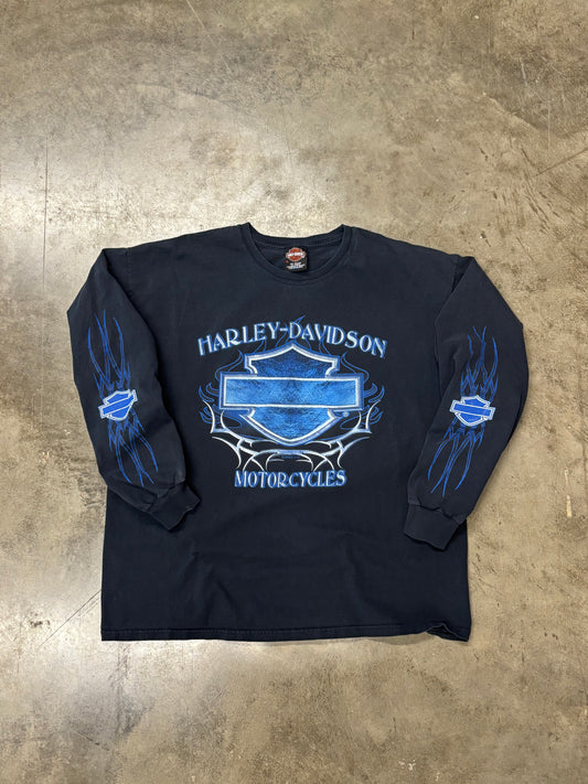 Vintage Harley Davidson blue flame shield long sleeve size xl