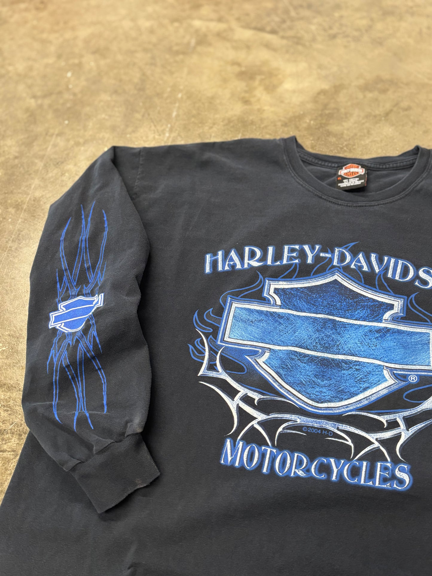 Vintage Harley Davidson blue flame shield long sleeve size xl