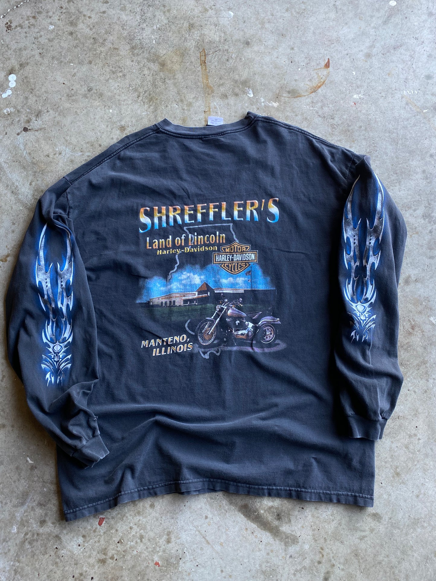 Vintage Harley Davidson Chrome Metallic Blue Flame long sleeve shirt size XXL