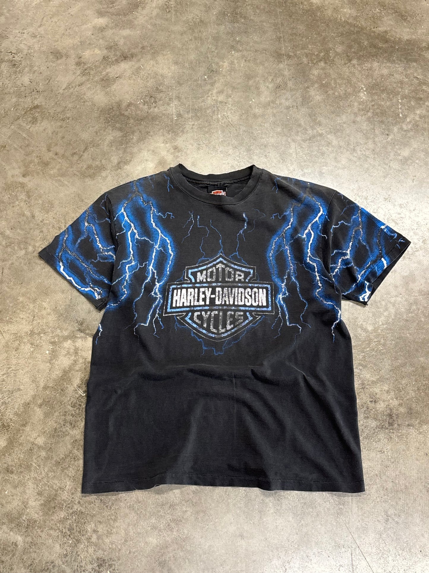 Vintage faded Harley Davidson blue lightning shirt size large