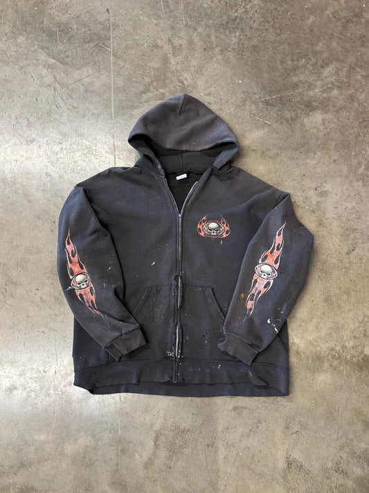 Vintage Harley Davidson Thrashed and Faded Skull flame zip up hoodie size extra large