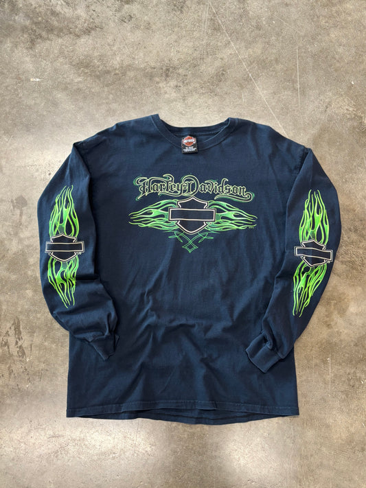 Vintage Harley Davidson Green Flame long sleeve size large