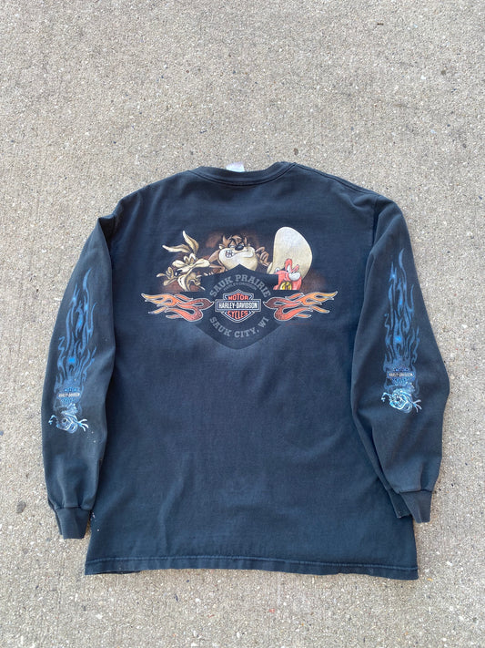 Vintage Harley Davidson Looney Tunes long sleeve taz flames shirt size large