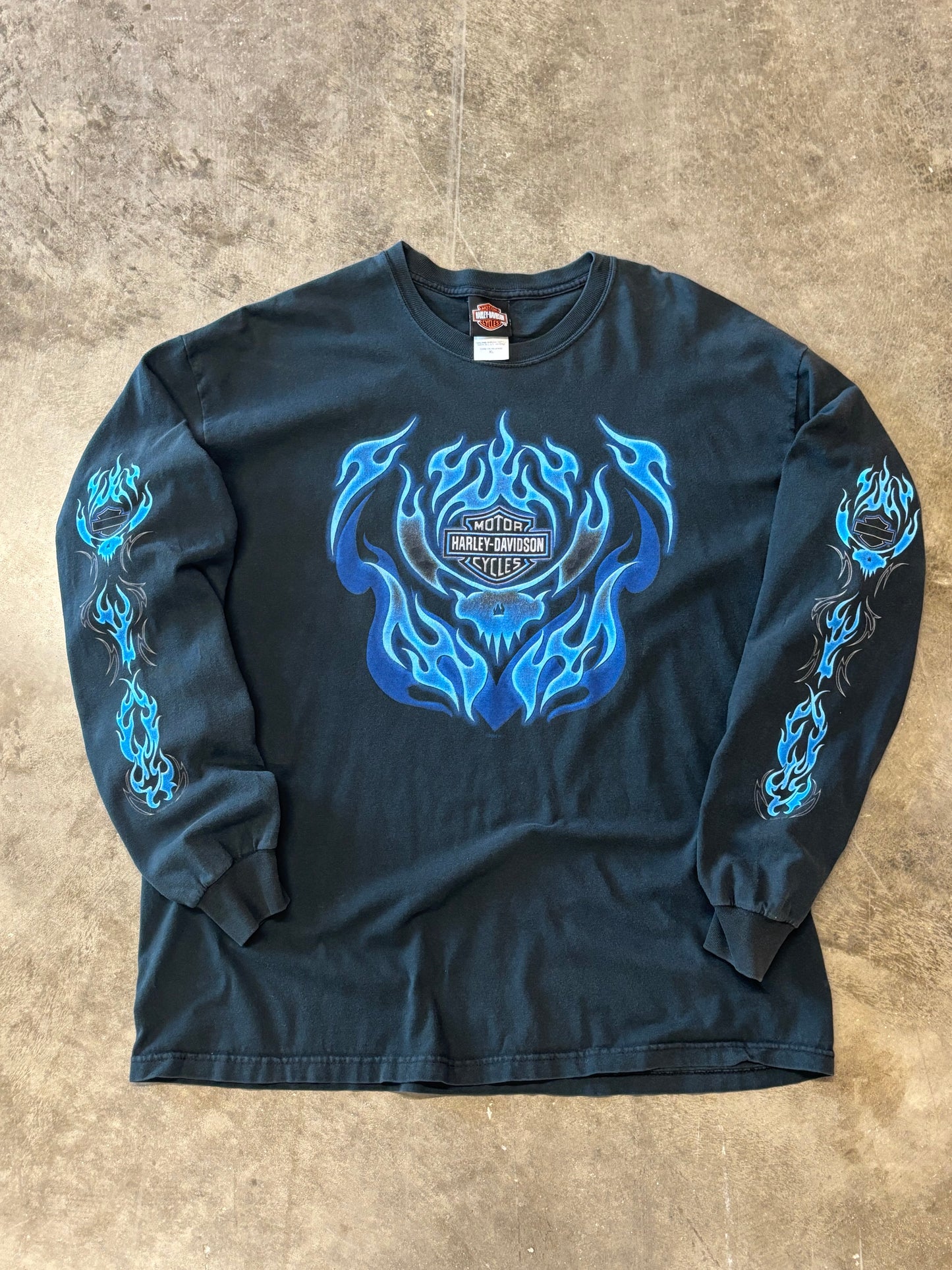 Vintage Harley Davidson Blue flame skull long sleeve size xl