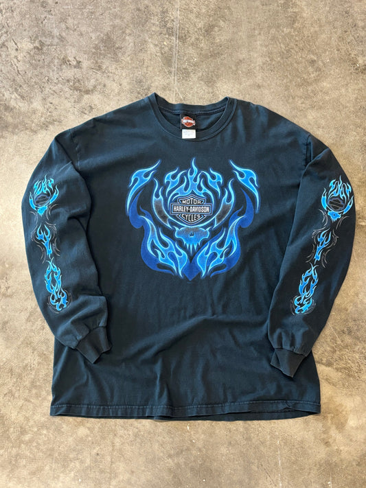 Vintage Harley Davidson Blue flame skull long sleeve size xl