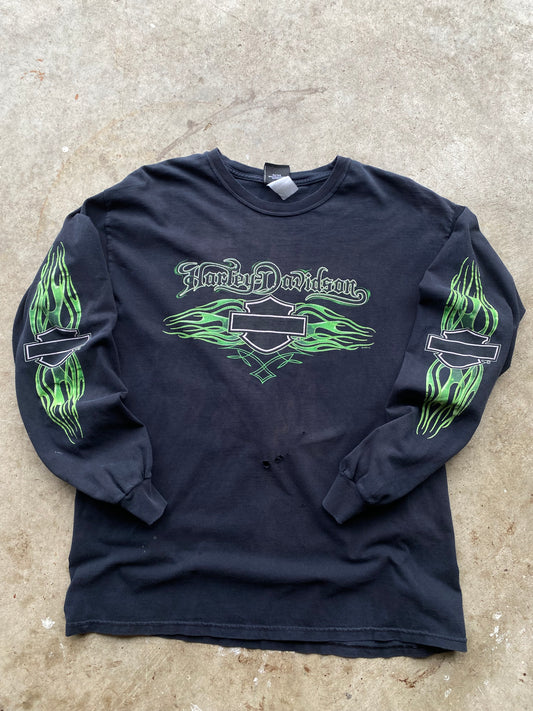 Harley Davidson Green Flame shirt thrashed size large