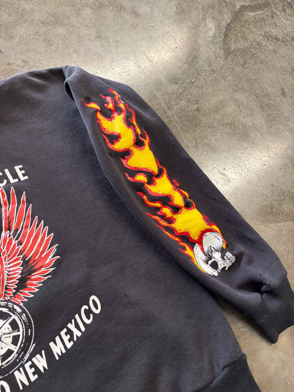 Vintage thrashed 90’s biker flame sleeve hoodie size large