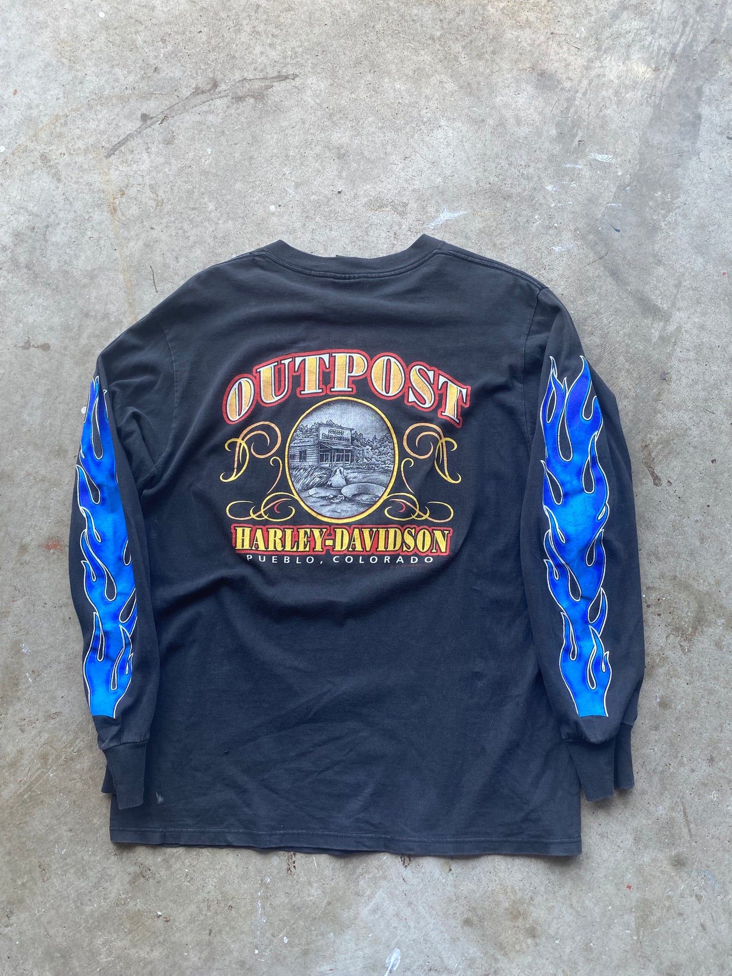 Vintage Harley Davidson Blue Flame shield long sleeve shirt size large