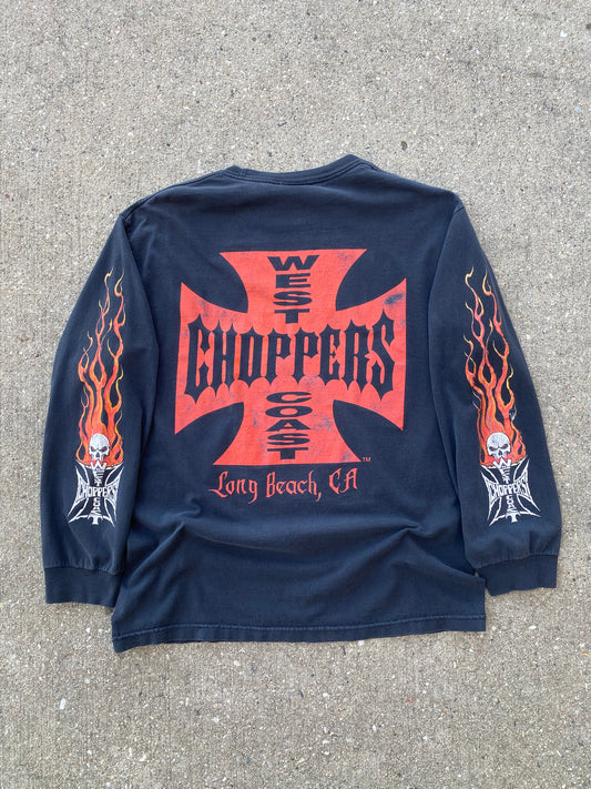 Vintage Thrashed West Coast Choppers Flaming skull Long sleeve shirt size large