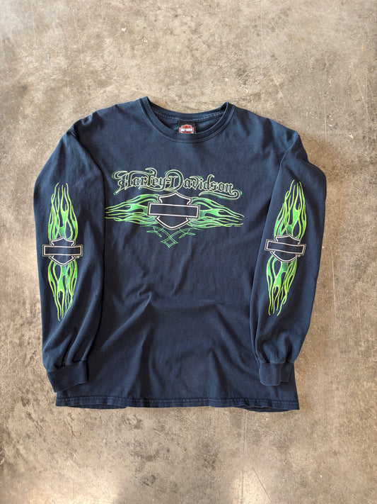 Vintage Harley Davidson Green flame long sleeve size large