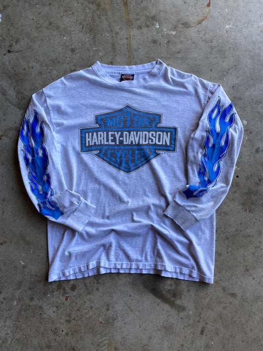 Vintage Harley Davidson Blue Flame Grey Blank Variant size large