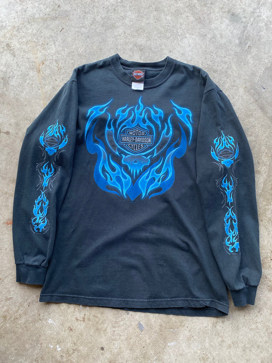 Vintage Harley Davidson Blue flame skull long sleeve shirt size medium