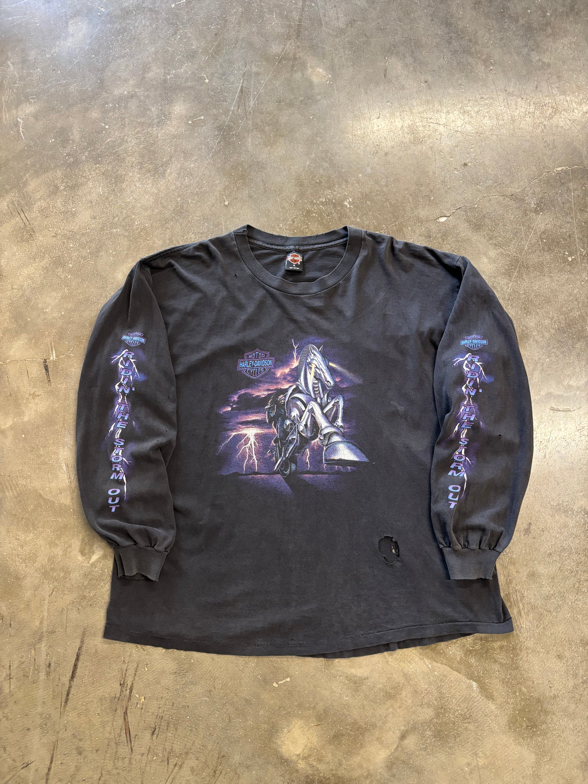 Vintage faded and thrashed Harley Davidson ride the lightning long sleeve size extra large
