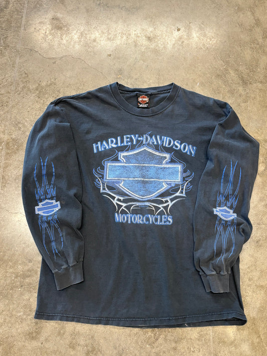 Vintage Faded out Harley Davidson Blue Flame long sleeve size xl