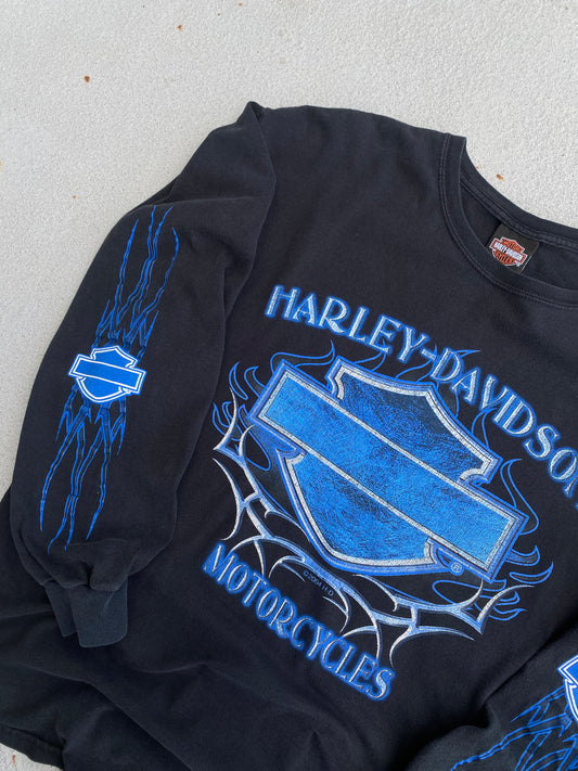 Vintage Harley Davidson Blue Flame Shield long sleeve shirt Size Large