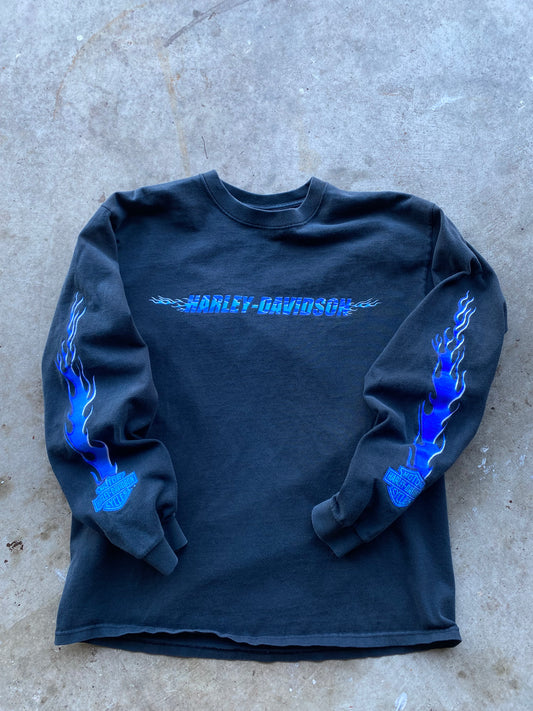 Vintage Harley Davidson Blue Flame Spellout size large