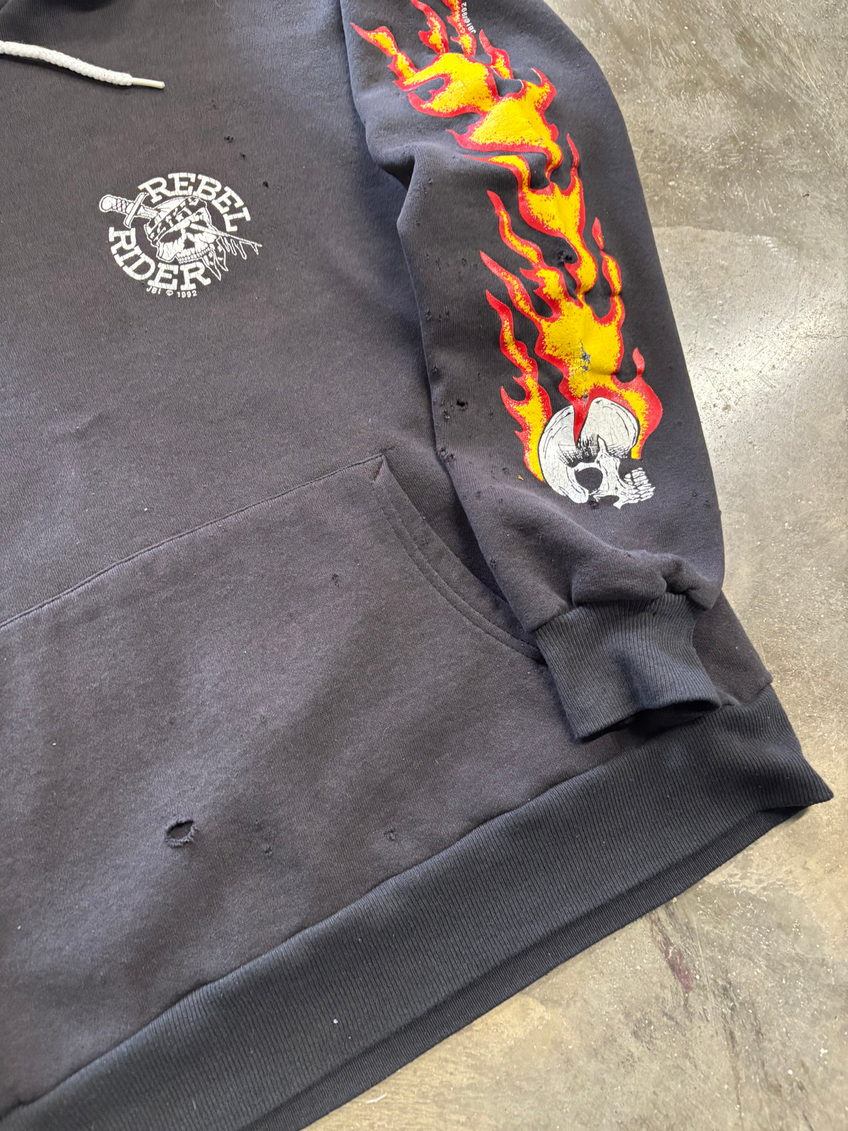 Vintage thrashed 90’s biker flame sleeve hoodie size large