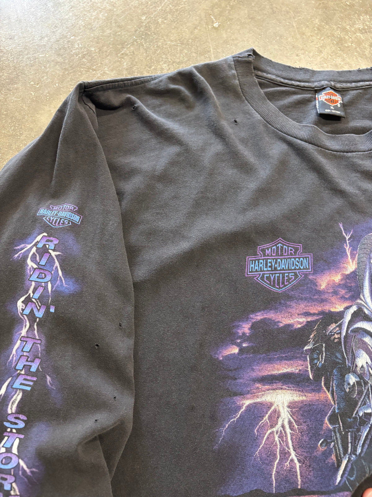 Vintage faded and thrashed Harley Davidson ride the lightning long sleeve size extra large