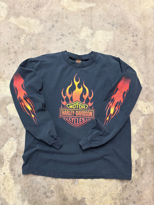 Vintage Harley Davidson Red flaming shield long sleeve shirt size large