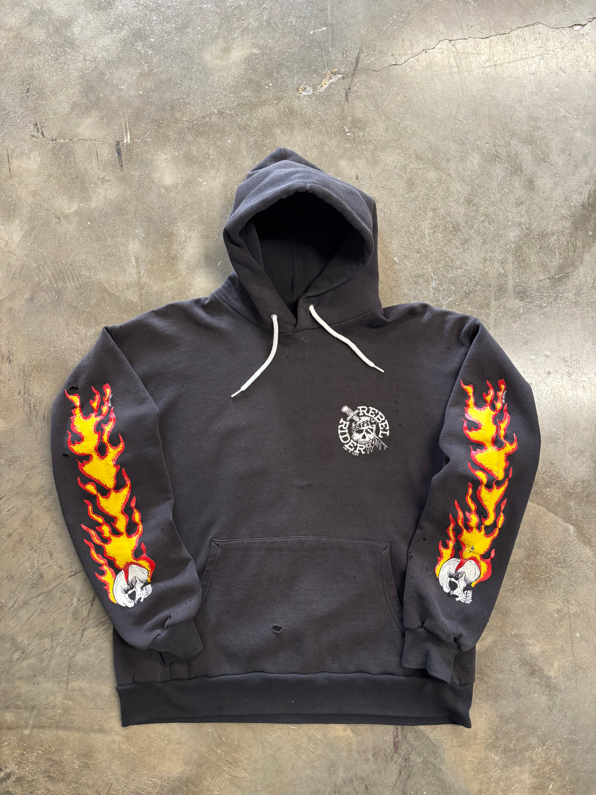 Vintage thrashed 90’s biker flame sleeve hoodie size large
