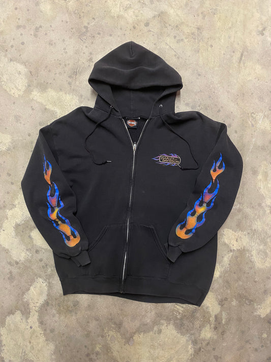 Vintage Blue Orange Flame Harley Davidson Zip Up Hoodie Size Extra large