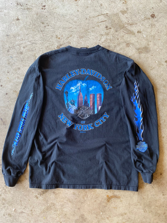 Vintage Harley Davidson NYC Twin towers blue flame long sleeve size extra large shirt